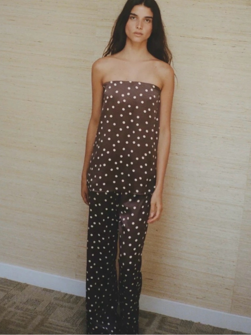 Zara Satin Effect Strapless Top- brown and white polka dot